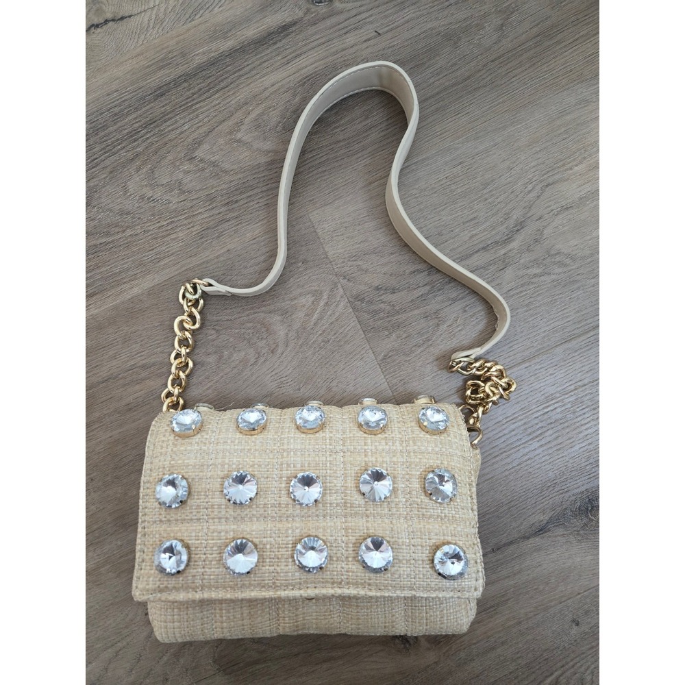 Zara Beige Quilted Woven Straw Crystal Embellished Chain Shoulder Bag